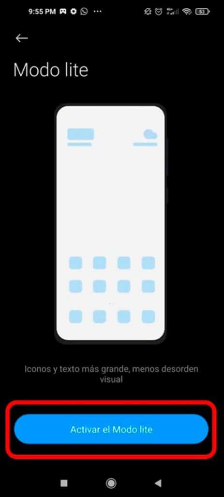 Opción Activar el modo lite en xiaomi