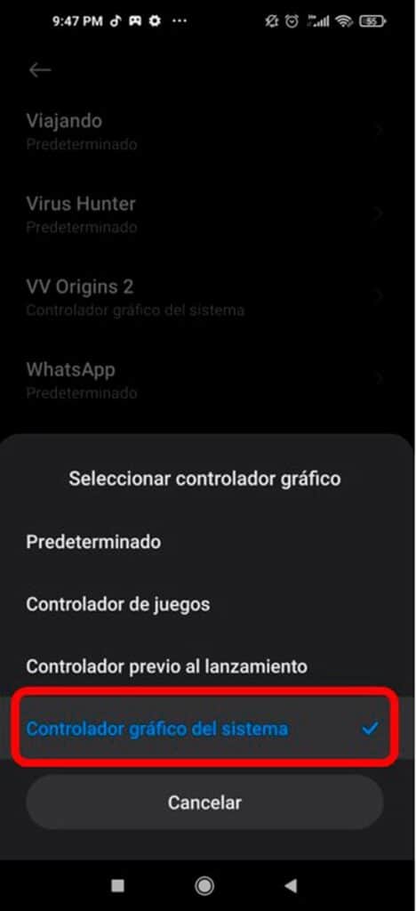 entrar en las opciones del Controlador Grafico del Sistema para mejorar el rendimiento de los juegos en Xiaomi