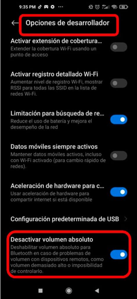 Opcion Desactivar volumen absoluto en MIUI