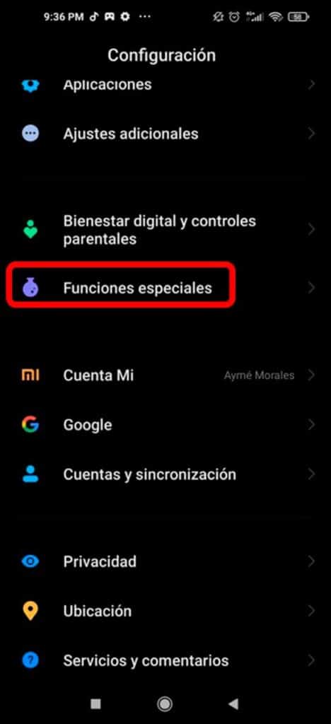 Opción Funciones Especiales para activar el modo lite en xiaomi