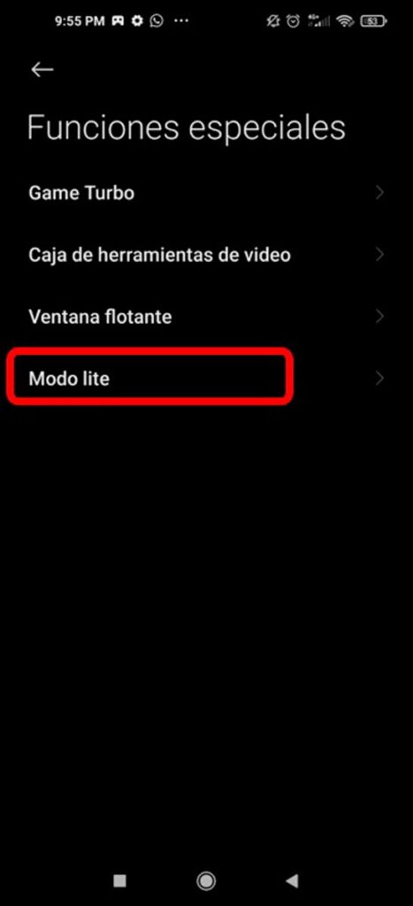 Opción Modo Lite de xiaomi