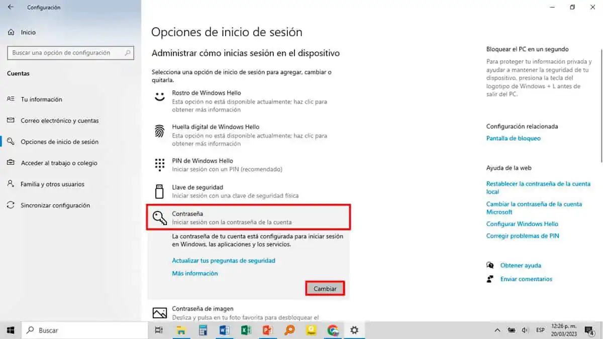 Selecciona la opción Contraseña para cambio de contraseña en windows 11